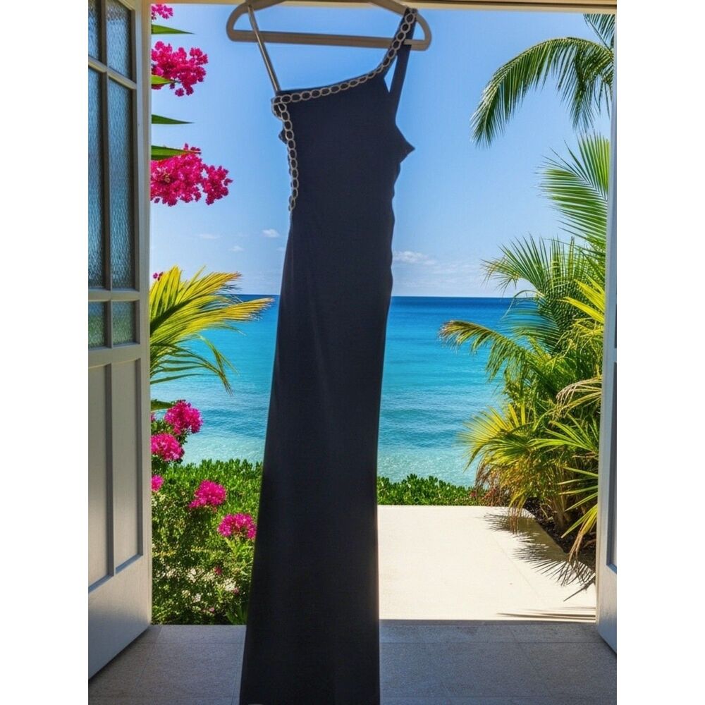 Vintage, Precious Formals Black Gown, Gold Chain Detail | Y2K Glam Prom Size 0